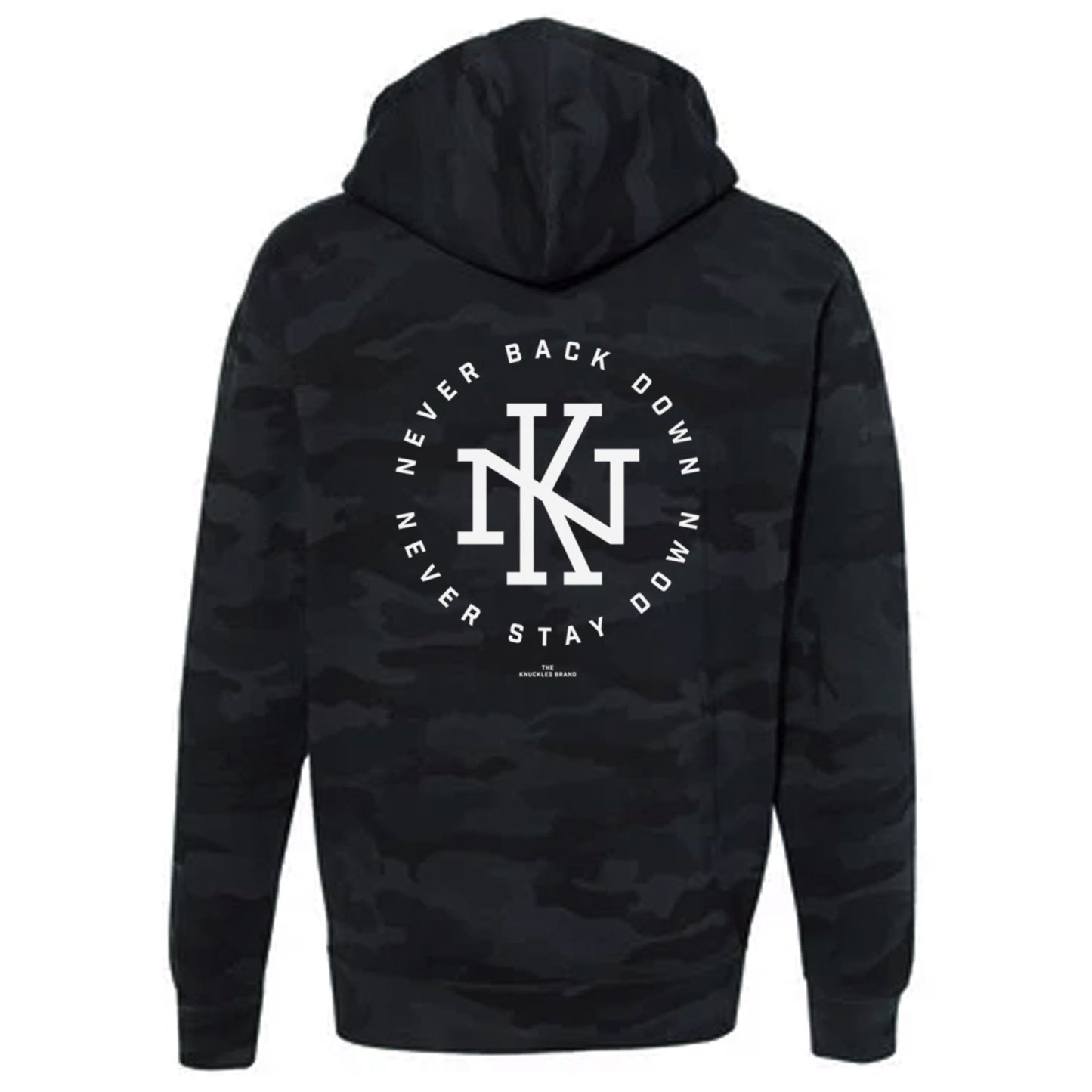 Knuckles Brand "NEVER BACK DOWN" Hoodie, Black Camo