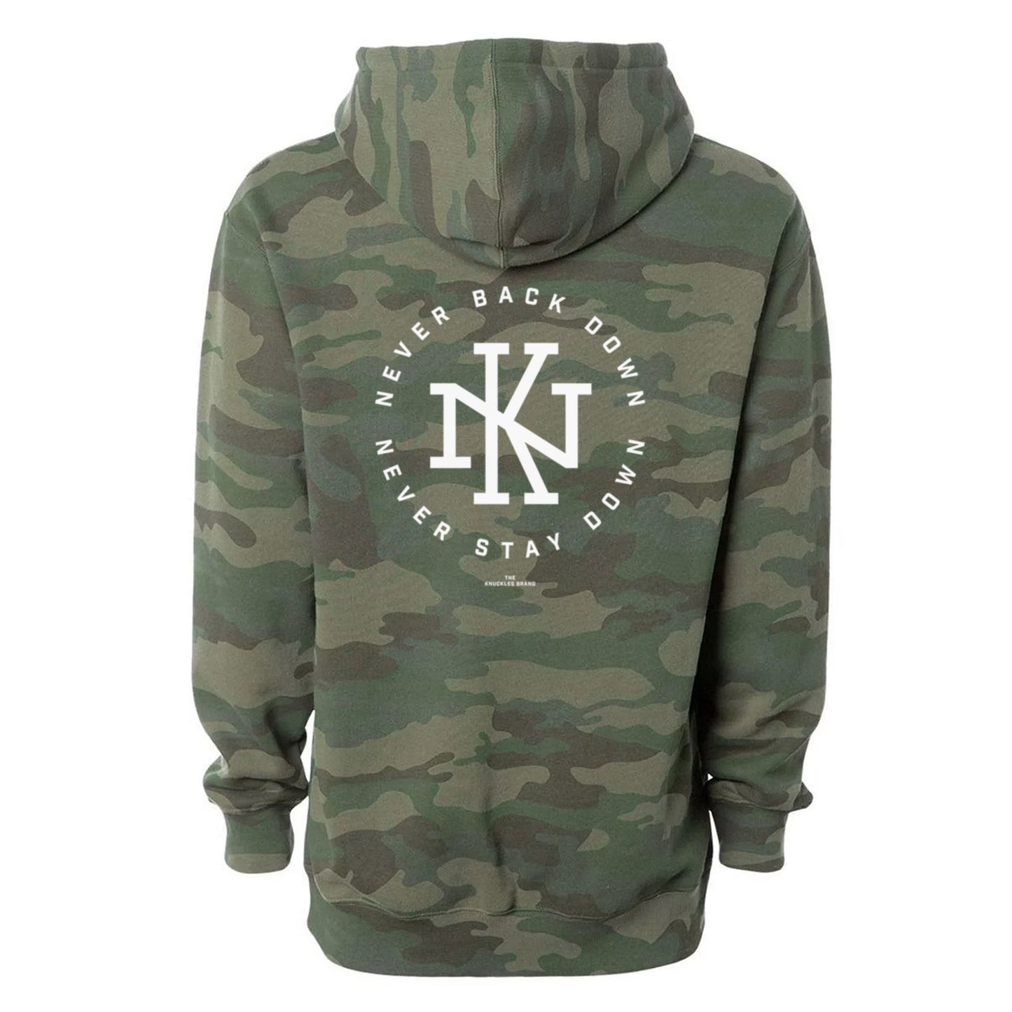 Knuckles Brand "NEVER BACK DOWN" Hoodie, Forest Camo